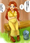  bench blue_eyes blush breasts bucket commentary dress female long_hair malon nintendo ocarina_of_time open_mouth outdoors pregnant red_hair redhead shoes sitting solo text the_legend_of_zelda translated translation_request venhala 