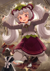  2girls absurdres black_dress black_hair black_shoes blush broken collared_shirt commentary_request commission crown destruction double-parted_bangs dress giant giantess grey_hair grey_jacket highres holding holding_tray indoors jacket loafers long_hair maid maid_headdress multiple_girls neck_ribbon nose_blush original pantyhose petticoat red_eyes red_ribbon red_skirt ribbon shirt shoes short_hair signature skeb_commission skirt sweat teapot tray twintails variant_set welt_(kinsei_koutenkyoku) white_pantyhose white_shirt wing_collar 