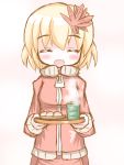  adapted_costume aki_shizuha blonde_hair blush breasts closed_eyes cup eyes_closed hair_ornament ibuki_(clover_club) leaf leaf_on_head mug open_mouth plate short_hair skirt smile solo sweater touhou tray zipper 