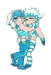  2boys bare_shoulders battle_tendency belt belt_pouch black_gloves black_hair blonde_hair caesar_anthonio_zeppeli chuu_ni commentary_request cropped_jacket denim facial_mark full_body gloves hand_on_another's_shoulder hat headband jacket jeans jojo_no_kimyou_na_bouken joseph_joestar male_focus midriff multiple_boys pants pouch shirt shoes short_hair simple_background sleeveless sleeveless_shirt standing standing_on_one_leg star_(symbol) striped_clothes striped_pants striped_shirt thick_eyebrows v-shaped_eyebrows white_background white_belt 