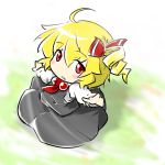  ahoge alternate_hairstyle ascot blonde_hair blush_stickers chibi drill_hair hair_ribbon open_mouth outstretched_arms red_eyes red_star_(toranecomet) ribbon rumia shirt short_hair side_ponytail skirt skirt_set solo touhou vest youkai 