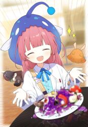  2girls :d ^_^ anglerfish_costume aqua_shirt bad_food black_hair blue_hat blue_ribbon blunt_bangs blunt_ends blurry blurry_background blush censored closed_eyes coat commentary_request dutch_angle emphasis_lines facing_viewer fish gas_mask hands_up hat heaven_burns_red highres hime_cut incoming_food indoors lab_coat long_hair lying mask mikoto_fubuki mizuhara_aina mosaic_censoring multicolored_hair multiple_girls mushroom neck_ribbon on_floor on_stomach open_clothes open_coat open_mouth outstretched_hand pink_hair red_streaks reflection ribbon rinki_oohen shirt sidelocks smile solo_focus sparkle straight_hair streaked_hair upper_body 