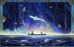  1boy 1girl aldo_(another_eden) anomalocaris another_eden another_eden_art_team arthropod boat border bug constellation dinosaur dna dolphin double_helix dragonfly evolution fish highres moon official_art ornate_border partially_underwater_shot planet planetary_ring prehistoric_animal pterosaur silhouette sky spinosaurus star_(sky) star_(symbol) star_trail starry_sky stegosaurus tree turtle tyrannosaurus_rex water watercraft woolly_mammoth 