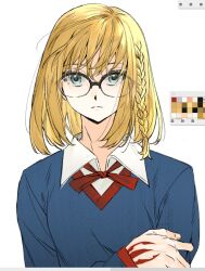  1girl art_program_in_frame blonde_hair blue_eyes braid collared_shirt command_spell fate/strange_fake fate_(series) glasses gymnopedies2 highres looking_at_viewer medium_hair sajou_ayaka_(fate/strange_fake) shirt side_braid simple_background solo sweater upper_body white_background 