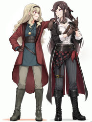  2girls adjusting_clothes adjusting_gloves arm_on_another's_shoulder belt belt_buckle black_belt black_boots black_coat black_hairband blonde_hair blue_shirt boots brown_belt brown_gloves brown_hair buckle buttons chibinekopan coat commentary_request eye_contact full_body gloves grey_pants grin hair_between_eyes hairband hand_on_own_hip hand_up hands_up high-waist_belt highres jewelry knee_boots lace-up_boots long_hair long_sleeves looking_at_another looking_to_the_side multiple_girls necklace official_alternate_costume open_clothes open_coat pants parted_bangs parted_lips pink_eyes red_coat red_ribbon ribbon saijo_claudine shirt shirt_tucked_in shoujo_kageki_revue_starlight shoulder_belt sidelocks simple_background smile standing striped_clothes striped_pants tendo_maya thigh_belt thigh_strap two-sided_coat two-sided_fabric v-shaped_eyebrows vertical-striped_clothes vertical-striped_pants very_long_hair violet_eyes white_background white_shirt 
