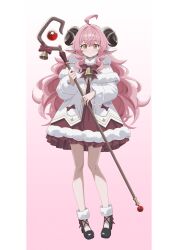  1girl absurdres animal_ears bell expressionless frilled_skirt frills high_heels highres horns kusubii mage_staff neck_bell non-web_source original pink_hair sheep_ears sheep_girl sheep_horns skirt solo staff suji_(imrock) yellow_eyes 