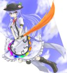  blue_hair blue_sky boots bow cloud clouds cross-laced_footwear food fruit hat hatsuka_(exsilver) hinanawi_tenshi long_hair peach red_eyes skirt sky solo sword_of_hisou touhou 