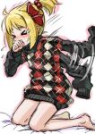  &gt;_&lt; alternate_hairstyle argyle bare_legs barefoot blonde_hair blush contemporary coughing hair_bobbles hair_ornament kingin kneeling long_sleeves oversized_clothes ponytail rumia sleeves_past_wrists sneezing solo sweater touhou youkai 