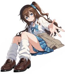  1girl absurdres black_choker blue_bow blue_bowtie blue_eyes blue_ribbon bow bowtie breasts brown_hair cardigan cardigan_around_waist choker clothes_around_waist collarbone commentary_request highres loafers long_hair long_sleeves looking_at_viewer loose_socks love_live! love_live!_nijigasaki_high_school_idol_club osaka_shizuku plaid_clothes plaid_skirt pleated_skirt ribbon shirt shoes side_ponytail sitting skirt small_breasts socks solo very_long_hair white_shirt zaofeng 