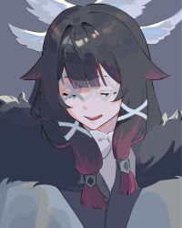  1girl black_hair bow bowtie closed_eyes coat columbina_(genshin_impact) commentary_request ecol0k eye_mask fatui_coat fur-trimmed_coat fur_trim genshin_impact hair_ornament head_wings highres long_hair mask multicolored_hair multiple_wings open_mouth purple_hair purple_streaks ribbon smile solo streaked_hair two-tone_hair upper_body very_long_hair white_bow white_coat white_wings wing_hair_ornament wings x-shaped_eyewear 