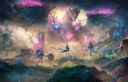  1boy 2girls another_eden another_eden_art_team boots broken broken_chain cerius_(another_eden) chain clouds crossbow crystal dragon flag giant giant_monster grass highres holding holding_crossbow holding_polearm holding_shield holding_weapon huge_weapon jpeg_artifacts ladder long_hair mountain multiple_girls official_art outdoors pink_hair polearm rock sazanca_(another_eden) shield short_hair sky spear weapon western_dragon wings wryz_(another_eden) 