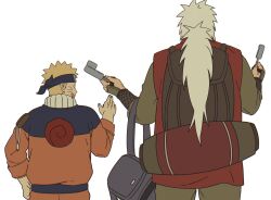 2boys blonde_hair commentary_request douchi_xo flak_jacket food forehead_protector highres ice_cream jacket jiraiya_(naruto) korean_commentary male_focus multiple_boys naruto_(series) orange_jacket orange_pants pants spiky_hair uzumaki_naruto white_hair 