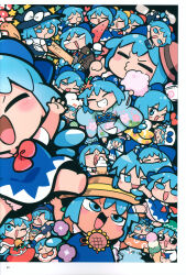  6+girls :d absurdres barefoot bloomers blue_bow blue_dress blue_hair blush blush_stickers bow bowtie brown_hat camera chibi cirno closed_eyes dress flower food fruit hair_bow hat highres holding holding_camera holding_food holding_ice_cream ice ice_cream ice_wings moyazou_(kitaguni_moyashi_seizoujo) multiple_girls open_mouth outstretched_arms page_number pinafore_dress red_bow red_bowtie scan shirt short_hair short_sleeves sleeveless sleeveless_dress smile spread_arms sunflower tan tanned_cirno third-party_source touhou watermelon watermelon_slice white_bloomers white_shirt wings yukkuri_shiteitte_ne 