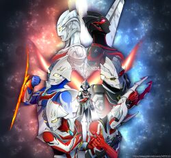  1girl 4boys absurdres alien arm_blade armor black_eyes black_skin blue_skin chest_guard claw_(weapon) claws clenched_hands color_timer colored_skin compound_eyes dark_faust dark_mephisto dark_mephisto_zwei dark_persona dark_zagi doppelganger dorsal_fin evoltruster evolution facial_mark full_armor glowing glowing_chest glowing_eyes grey_skin highres horns kuma_no_march looking_at_viewer multicolored_skin multiple_boys multiple_forms multiple_persona muscular no_humans no_pupils pectorals red_aura red_eyes red_skin shoulder_armor shoulder_pads silver_armor silver_skin studded_armor tokusatsu two-tone_armor two-tone_skin ultra_series ultraman_nexus ultraman_nexus_(series) ultraman_nexus_anphans ultraman_nexus_junis ultraman_nexus_junis_blue ultraman_noa weapon white_eyes wings wrist_blades yellow_eyes 