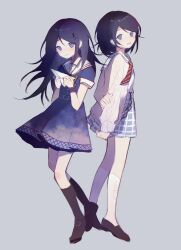 2girls absurdres belt black_bow black_hair black_socks blue_belt blue_dress blue_eyes blue_scrunchie blue_skirt bow brown_shoes cardigan chinese_commentary closed_mouth commentary_request dress dual_persona fengye_hongcha full_body grey_background hair_bow hand_on_own_arm highres holding holding_paper_airplane hoshino_ichika_(project_sekai) kneehighs long_hair long_sleeves medium_hair multiple_girls musical_note necktie open_cardigan open_clothes open_mouth paper_airplane pleated_skirt project_sekai red_necktie sailor_collar sailor_dress school_uniform scrunchie serafuku shirt shoes short_sleeves simple_background skirt smile socks striped_clothes striped_scrunchie two-tone_necktie two-tone_skirt white_cardigan white_necktie white_sailor_collar white_shirt white_skirt white_socks wrist_scrunchie 