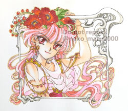  1girl border closed_mouth commentary_request earrings flower gold_earrings hair_flower hair_ornament hand_up highres jewelry magic_knight_rayearth marker_(medium) nekomaru_(nekohouse) ornate_border pink_hair pink_lips red_eyes red_flower scarf shidou_hikaru smile solo traditional_media watermark white_scarf 