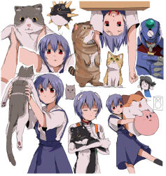  1girl :3 animal ayanami_rei bendedede blue_hair blue_skirt blush bodysuit cat closed_eyes closed_mouth commentary crossover english_commentary eva_00 evangelion_(mecha) green_eyes headgear highres holding holding_animal holding_cat interface_headset_(evangelion) kirby kirby's_dream_land_3 kirby_(series) looking_at_another mecha mecha_pilot_suit multiple_views nago_(kirby) neon_genesis_evangelion one-eyed parted_lips plugsuit_(evangelion) rebuild_of_evangelion red_eyes robot school_uniform science_fiction shirt short_hair short_sleeves simple_background skirt standing suspender_skirt suspenders temmie tokyo-3_middle_school_uniform undertale upside-down utdr_(toby_fox) white_background white_bodysuit white_shirt yellow_eyes 
