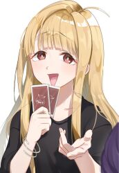  2girls ahoge black_shirt blonde_hair bracelet brown_eyes card cho_kaguya-hime! commentary heliyuna highres holding holding_card jewelry kaguya_(cho_kaguya-hime!) long_hair multicolored_hair multiple_girls open_mouth roots_(hair) sakayori_iroha shirt simple_background white_background 