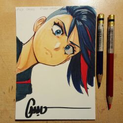  1girl asymmetrical_hair blue_eyes blue_hair blue_shirt closed_mouth colored_pencil_(medium) commentary commissioner_name english_commentary eyelashes frown kill_la_kill light_blush lips looking_to_the_side matoi_ryuuko medium_hair multicolored_hair nose omar_dogan paid_reward_available photo_(medium) portrait red_streaks sailor_collar sailor_shirt senketsu shirt sidecut signature simple_background solo streaked_hair tomboy traditional_media undercut white_background 