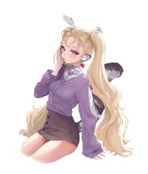  1girl absurdres blonde_hair brown_skirt cardigan cat_tail highres licking licking_finger mina_(sakg2773) original purple_cardigan simple_background sitting skirt tail thighs twintails white_background 