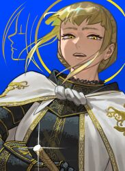  1girl absurdres armor armor_under_clothes atoroux blonde_hair blue_background braid crown_braid elden_ring elden_ring:_shadow_of_the_erdtree english_commentary floating_hair full_armor gauntlets glint gold_trim halo halo_behind_head helm helmet highres knight looking_at_viewer needle_knight_leda open_mouth ornate ornate_armor sheath sidelocks silhouette solo sword teeth tunic unsheathing upper_body upper_teeth_only weapon white_tunic 