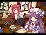  bat_wings blonde_hair blush book bookshelf capelet chalkboard coat coco0932 crescent cup demon_tail desk dress feathers flower hair_ribbon hat head_wings inkwell kirisame_marisa koakuma lamp letterboxed long_hair magnifying_glass multiple_girls object_hug patchouli_knowledge peeking plate purple_dress purple_eyes purple_hair red_eyes red_hair redhead ribbon room rose shirt skirt smile tail teacup touhou vase violet_eyes window wings witch witch_hat writing yellow_eyes 