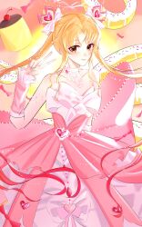  1girl absurdres arm_warmers back_bow backlighting bare_shoulders bead_armlet beads blonde_hair bow brown_eyes chinese_commentary choker closed_mouth commentary_request cone_hair_bun cowboy_shot double_bun doughnut dreamtime_bestowed_(infinity_nikki) dress dress_bow food food-themed_background frilled_arm_warmers frills hair_beads hair_bow hair_bun hair_ornament happy heart heart_choker heart_hair_ornament highres infinity_nikki large_bow layered_dress light_blush long_hair neck_ribbon nikki_(series) orange_background parted_bangs pink_arm_warmers pink_bow pink_dress pink_ribbon pudding ribbon sitting sleeveless sleeveless_dress smile solo spaghetti_strap tuantuan_zai_ban_lan twintails v very_long_hair white_bow white_choker white_dress 
