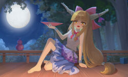  1girl absurdres barefoot blonde_hair blue_skirt blush bow bowtie breasts brown_horns chain commentary_request cuffs cup fang full_moon gourd hair_bow highres holding holding_cup horn_ornament horn_ribbon horns ibuki_suika long_hair looking_at_viewer moon night oni open_mouth partial_commentary red_bow red_bowtie ribbon sakazuki shackles shirt sitting skin_fang skirt small_breasts smile solo toes toorooo touhou tree very_long_hair white_shirt yellow_eyes 