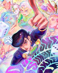  1girl 6+boys anchor_ornament aqua_eyes aqua_outline black_coat black_hair blue_eyes brooch choker coat commentary compound_eyes diamond_wa_kudakenai dice dollar_sign earrings earth_wind_&amp;_fire_(stand) echoes_(stand) echoes_act3 facial_mark foreshortening gakuran green_headband green_jacket green_shirt hairband hat hazekura_mikitaka headband heart heart_brooch higashikata_josuke high_collar highres hirose_koichi holding holding_pen inkwell jacket jewelry jojo_no_kimyou_na_bouken kishibe_rohan kujo_jotaro long_sleeves multicolored_hair multiple_boys nib_pen_(object) nijimura_okuyasu open_mouth outline own_hands_clasped own_hands_together paper peace_symbol pen pink_eyes pink_hair pink_lips pointing pointing_at_viewer pompadour sayurkailen school_uniform shirt short_hair splatter stand_(jojo) stud_earrings sugimoto_reimi two-tone_hair untranslatable_commentary violet_eyes white_coat white_hair white_hat yellow_eyes yellow_hairband 