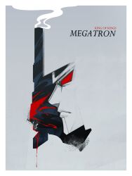  absurdres blending blood blood_splatter character_name delta_(constructedcold) english_commentary from_side highres mecha megatron no_humans red_eyes robot science_fiction smoke transformers transformers:_generation_1 