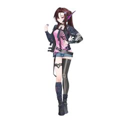 1girl absurdres alternate_hairstyle antennae asymmetrical_legwear belt boots breasts brown_hair commission commissioner_upload dusk_(wayanfa) eyelashes hair_ornament hand_on_own_hip highres jacket knees leg_belt long_sleeves mechanical_ears multiple_belts non-web_source original petite pink_eyes ponytail rhan skeleton skeleton_print small_breasts smile solo thigh_strap transparent_background 