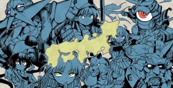  3girls 4boys armor bald between_fingers black_eyes blue_eyes choker closed_mouth colored_sclera commentary_request dokuganryuu_masamune facial_hair fake_horns goatee hand_on_own_chin helmet heterochromia high_ponytail highres holding holding_sword holding_weapon horned_mask horns japan japanese_armor kabuto_(helmet) katana long_hair mask mouri_motonari_(rance) multiple_boys multiple_girls mustache nanjou_ran one-eyed ponytail purple_sclera rance_(series) red_eyes saburou_(sblo) sengoku_rance shoulder_armor smile sode spot_color suzume_(rance) sword takeda_shingen_(rance) tanuki tokugawa_ieyasu_(rance) uesugi_kenshin_(rance) upturned_eyes violet_eyes weapon white_eyes yamamoto_isoroku_(rance) yellow_eyes 