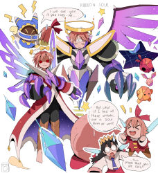  >_< 2boys 2girls aged_up alternate_universe angry armor barefoot bendedede black_hair blush_stickers braid butterfly_wings clenched_hands commentary copy_x_(mega_man) crown crystal crystal_wings digital_dissolve dress english_commentary evil_smile excited fairy fairy_wings glasses gold_trim halo highres huge_claws imagining insect_wings jacket kirby kirby's_return_to_dream_land kirby_(series) kirby_64 long_coat long_sleeves magolor mega_man_(series) mega_man_zero_(series) multiple_boys multiple_girls opaque_glasses open_mouth parody red_dress red_eyes red_jacket red_skirt ribbon_(kirby) ripple_star_queen shaded_face shirt skirt sleeves_past_fingers sleeves_past_wrists smile squee sweatdrop third_eye twin_braids white_armor white_shirt wings worried 