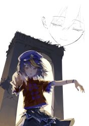  1girl 5swcf1iy8k31657 black_skirt commentary_request crying crying_with_eyes_open hat hat_ornament highres jiangshi lace-trimmed_sleeves lace_trim looking_at_viewer miyako_yoshika ofuda open_mouth outstretched_arms purple_hat red_shirt shirt skirt solo star_(symbol) star_hat_ornament tears touhou unfinished zombie_pose 