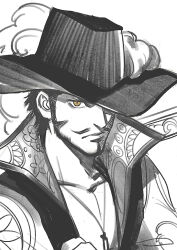  1boy beard closed_mouth commentary_request dracule_mihawk facial_hair greyscale hat_feather high_collar jewelry kdash male_focus monochrome mustache one_piece pendant solo spot_color upper_body yellow_eyes 