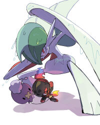  black_eyes charcadet commentary_request drifloon eye_trail gallade highres hunched_over legs_apart light_trail mega_gallade nyoripoke pokemon pokemon_(creature) pokemon_focus red_eyes shielding_another_from_rain solid_oval_eyes squatting water_drop white_background 