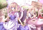  :d alice_margatroid blonde_hair blue_eyes blush bow cake chin_rest cookie cup dress flower food hairband hat hat_removed headwear_removed hourai_doll kirisame_marisa long_hair looking_at_viewer mouth_hold multiple_girls nanase_nao open_mouth petals plate short_hair sitting smile table touhou wind wings witch witch_hat yellow_eyes 