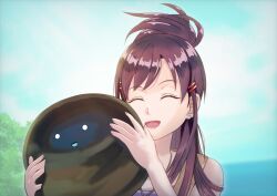  1girl asukamama89 brown_hair closed_eyes commentary_request earrings hair_bun hair_ornament hairpin heaven_burns_red highres jewelry kayamori_hinata long_hair multiple_hairpins narby_(heaven_burns_red) open_mouth single_earring slime_(creature) 