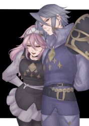  1boy 1girl :d black_background blue_pants dress father_and_child father_and_daughter fire_emblem fire_emblem_fates gambeson grey_hair hair_between_eyes hairband highres laslow_(fire_emblem) letterboxed long_hair long_sleeves looking_ahead outside_border pants parent_and_child pink_eyes pink_hair pleated_dress short_dress short_hair single_shoulder_pad smile soleil_(fire_emblem) white_background white_dress white_hairband zeluda_miruky 