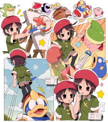  1girl 4boys adeleine ado_(kirby) afterimage age_comparison bendedede beret brown_eyes brown_hair bruise bruise_on_face canvas_(object) commentary confused dragon_ball dragon_ball_z dual_persona duplicate english_commentary english_text fighting green_shirt grey_skirt hair_ornament hairclip hat highres holding holding_sword holding_weapon injury kine_(kirby) king_dedede kirby kirby's_dream_land_3 kirby_(series) kirby_64 meta_knight multiple_boys nruff paintbrush parody pitch_(kirby) red_hat shirt short_hair skirt standing_on_another's_head surprised sword sword_kirby waddle_dee weapon 