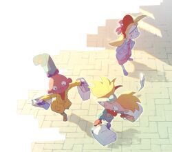  1girl 2boys arnold_shortman bag blonde_hair child coat dress full_body gerald_johannsen hat helga_g_pataki hey_arnold! highres kinako_(moment) long_hair long_sleeves looking_at_viewer multiple_boys short_hair toon_(style) twintails unibrow winter_clothes winter_coat 