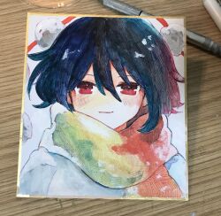  1girl black_hair closed_mouth commentary_request gradient_scarf green_scarf hair_between_eyes highres niseneko_(mofumofu_ga_ienai) pom_pom_(clothes) portrait red_eyes red_scarf scarf shameimaru_aya shikishi shirt short_hair smile solo touhou traditional_media white_shirt 