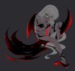  1girl arm_up blade breasts character_request copyright_request crescent dark_skin demon_girl evil_grin evil_smile grey_background grey_skin grin hand_in_hair hooves katami_shinta leg_up looking_at_viewer multicolored_eyes parted_lips sitting smile solo source_request white_hair 