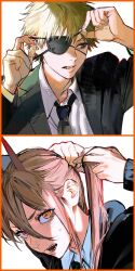  1boy 1girl @_@ avandee11949 black_necktie black_suit blonde_hair blush chainsaw_man cross_in_eye demon_horns denji_(chainsaw_man) eyepatch highres horns lapels long_hair looking_at_viewer looking_to_the_side necktie one_eye_covered open_mouth pink_hair ponytail portrait power_(chainsaw_man) red_horns sharp_teeth shirt short_hair simple_background suit sweatdrop teeth tying_hair white_background white_shirt yellow_eyes 