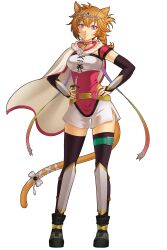  1girl absurdres animal_ears arm_guards aureliaaurine bell belt braid breasts cape cat_ears cat_girl cat_tail choker circlet closed_mouth collar commission commissioner_upload facepaint facial_mark fire_emblem fire_emblem:_radiant_dawn full_body gem hand_guard hand_on_weapon hands_on_own_hips highres jewelry knife laguz_(fire_emblem) looking_at_viewer lyre_(fire_emblem) medium_breasts messy_hair multiple_rings o-ring o-ring_belt orange_gem orange_hair orange_tail pink_choker pink_collar pink_trim rainbow_ribbon ribbon ring shin_guards shorts side_slit side_slit_shorts slit_pupils smile solo tail tail_bell tail_ornament tail_ribbon thigh-highs thigh_belt thigh_strap thighs transparent_background violet_eyes whisker_markings white_cape white_ribbon 