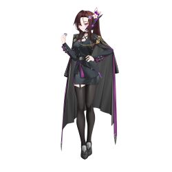  1girl absurdres alternate_hairstyle antennae asymmetrical_legwear belt breasts brown_hair cape cloak commission commissioner_upload dusk_(wayanfa) flower hair_flower hair_ornament hand_on_own_hip highres knees long_sleeves mechanical_ears multiple_belts non-web_source original pink_eyes ponytail rhan shirt shoes skirt small_breasts smile solo suit thigh-highs thighs transparent_background 