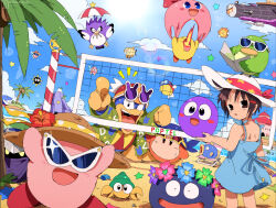  adeleine bandana_waddle_dee beach bendedede bird black_eyes black_hair blipper blue_dress blue_sky cape character_counter_request character_request chuchu_(pokemon) clouds commentary coo_(kirby) day dress english_commentary fatty_whale gloves gooey_(kirby) gordo halberd_(airship) hat highres kine_(kirby) king_dedede kirby kirby_(series) looking_at_viewer meta_knight mr._bright open_mouth outdoors palm_tree pointing pointing_at_viewer purple_cape rabbit-shaped_eyewear sand sky sun_hat sundress sunglasses teeth tongue tree upper_teeth_only volleyball_net white-framed_eyewear white_hat yellow_eyes yellow_gloves 