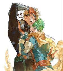  2boys arm_up bakugou_katsuki belt black_mask black_pants black_shirt blonde_hair boku_no_hero_academia buckle collared_shirt commentary cowboy_shot explosive gloves green_belt green_eyes green_hair grenade highres long_sleeves looking_back male_focus mask_pull midoriya_izuku multiple_boys open_mouth orange_eyes pants realemonade red_belt round_teeth scarf shirt short_hair simple_background smile snap-fit_buckle solo spiky_hair superhero_costume teeth tongue tongue_out twitter_username two-sided_gloves white_background yellow_scarf 