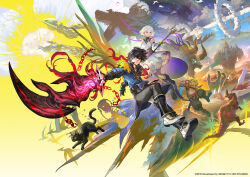  aircraft airship aldo_(another_eden) another_eden black_eyes black_hair broken broken_chain castle cat chain clouds commentary_request cover cyrus_(another_eden) dinosaur feinne_(another_eden) frog_boy galliard_(another_eden) guildna_(another_eden) highres holding holding_staff holding_sword holding_weapon hourglass katana mechanical_arms official_alternate_design official_art polearm red_eyes shinwoo_choi short_hair single_mechanical_arm spear staff star_(sky) sword varuo_(another_eden) video_game_cover weapon white_hair wings 
