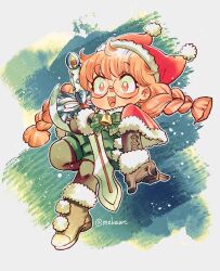  1girl bell black_gloves black_pantyhose boots bow bowtie bracelet braid brown_boots brown_eyes brown_hair cafe_artful capelet chaos_(rance) christmas commentary deformed elbow_gloves freckles full_body fur-trimmed_boots fur-trimmed_capelet fur-trimmed_headwear fur_bracelet fur_trim glasses gloves green_bow green_bowtie green_romper hat hayasaka_mebawe highres holding holding_sword holding_weapon jester_cap jewelry long_hair neck_bell open_mouth pantyhose plaid_bow plaid_bowtie plaid_clothes rance_(series) red_capelet red_hat romper round_eyewear santa_hat smile solo star_(sky) sword teeth twin_braids upper_teeth_only weapon wide-eyed 